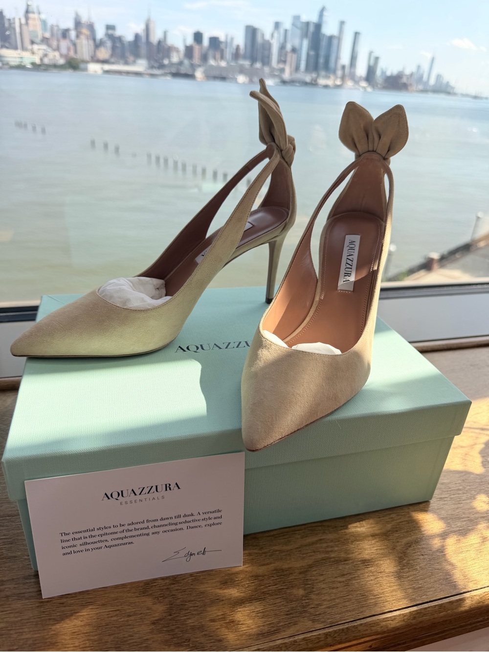 Aquazzura Bow Tie 85 Nude Suede Pumps EU 38 Never Worn